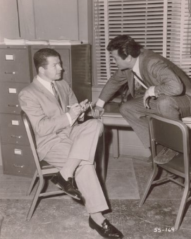 Playing reporter on set of "Sweet Smell of Success" with Tony Curtis